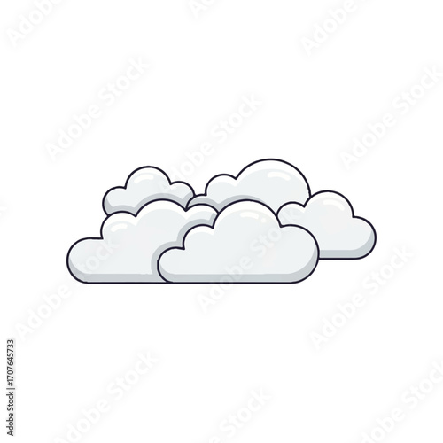Stylized group of fluffy white cartoon clouds with a simple outline. A cute weather or sky icon element isolated on a white background