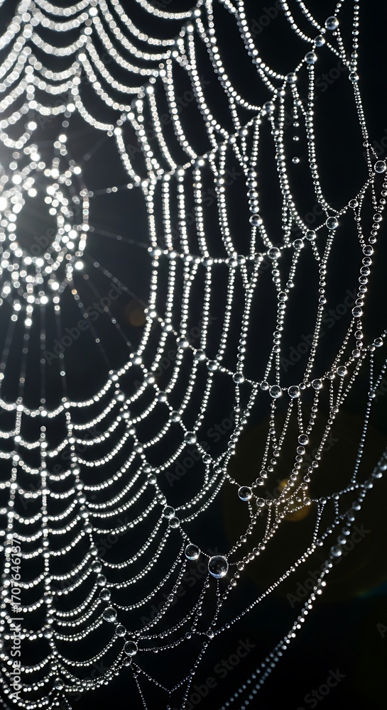 Fototapeta premium Delicate spiderweb intricately adorned with glistening water droplets, showcasing a beautiful and detailed network against a dark background.
