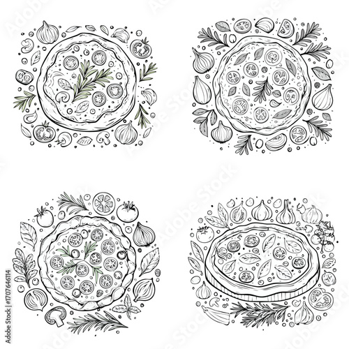 Focaccia beautiful line drawing vector collection combined in one artwork.