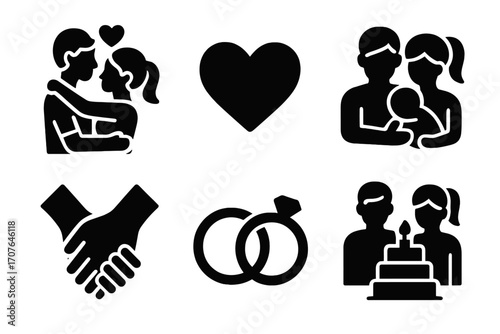 Love and family icons - couple, heart, parents with baby, handshake, wedding rings, celebration cake