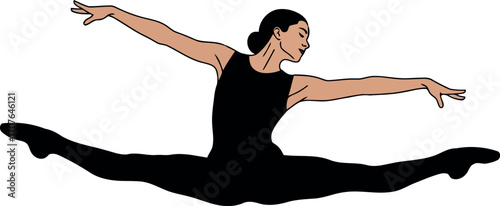 Vector art of ballerina performing a split leap in a dance studio transparent background