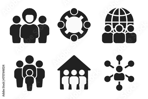 Group interaction icons: community, networking, global, family, communication, teamwork symbols