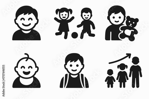 Playful child icons set including boys and girls with toys and growth chart