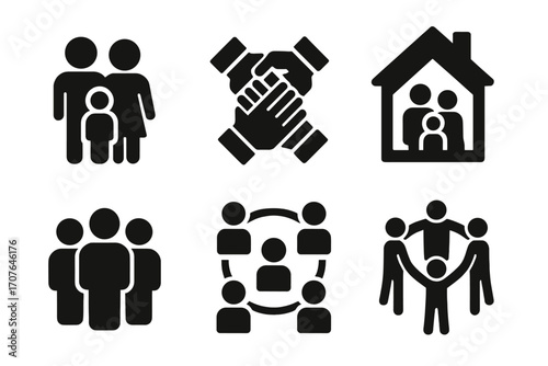 Family and teamwork icons: unity and community concepts in bold black symbols