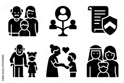 Family icons set: diverse groups and relationships illustrations