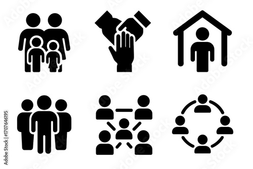 Diverse community icons: family, teamwork, shelter, and networking symbols