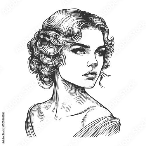 20th century woman with wavy hairstyle, refined features, and timeless elegance in retro fashion sketch engraving generative ai fictional character vector illustration. Scratch board. Black and white.