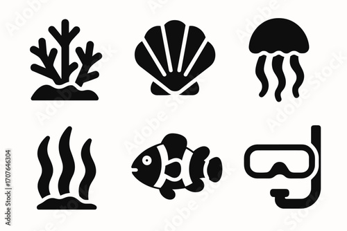 Marine life icons: coral, seashell, jellyfish, seaweed, clownfish, snorkel