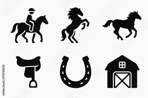 Equestrian symbols: rider, horses, saddle, horseshoe, barn icons