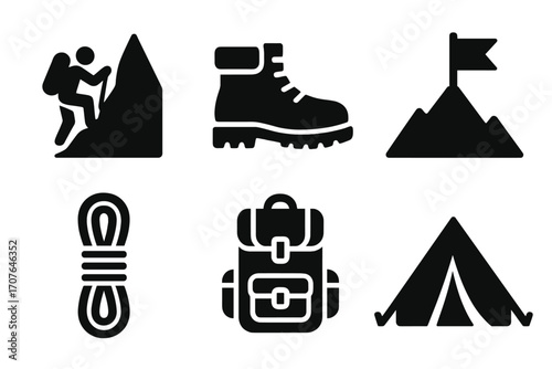 Outdoor adventure icons: hiking, camping, backpack, climbing, mountaineering