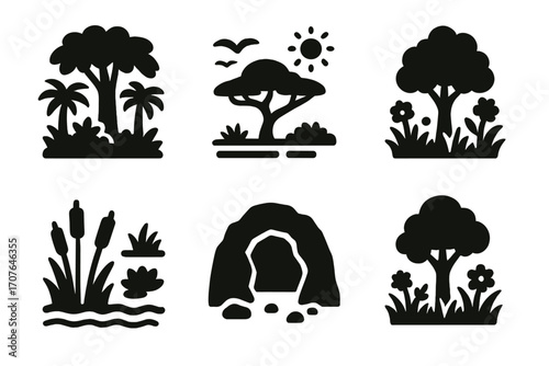 Set of nature silhouettes: forests, trees, caves, and wetlands in black icons