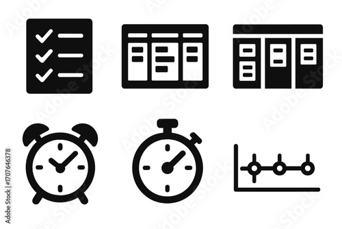 Icons for task management and time tracking: checklist, calendar, timer, stopwatch, graph