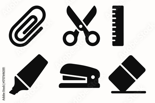 Set of six black silhouette office supplies including scissors and ruler