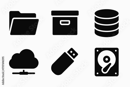 Set of data storage icons including folder, cloud, usb, and hard drive