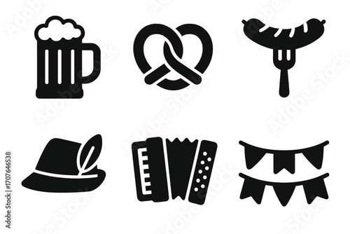 Oktoberfest icons: beer mug, pretzel, sausage, bavarian hat, accordion, bunting flags