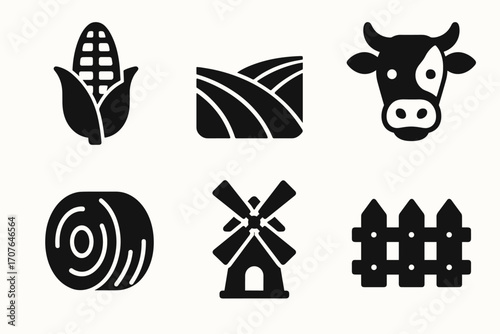 Set of farm icons: corn, field, cow, hay bale, windmill, fence symbols