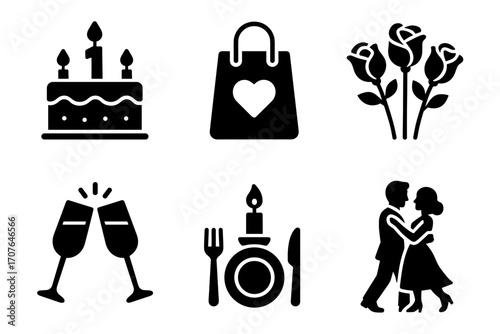 Celebration icons: cake, shopping bag, roses, toasting glasses, candlelit dinner, dancing couple