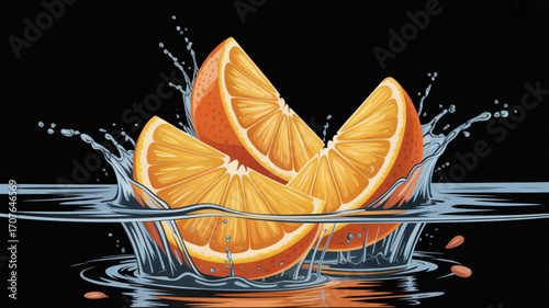 Refreshing orange slices splashing in clear water, a vibrant burst of citrus flavor and juicy goodness, perfect for healthy living concepts and summer refreshment promotions