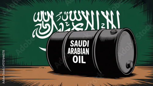 Saudi Arabian oil production showcased with a stylized oil barrel against the Saudi flag, emphasizing global energy resources and the country's significance in the petroleum industry