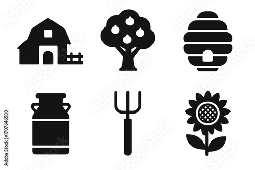 Black farm icons set: barn, tree, beehive, milk can, pitchfork, sunflower