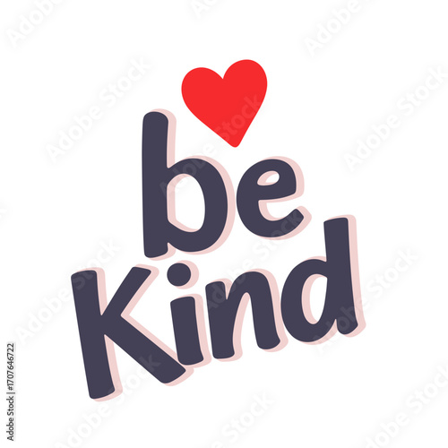 Illustration of the words be kind in dark blue with a red heart above the be on a white background