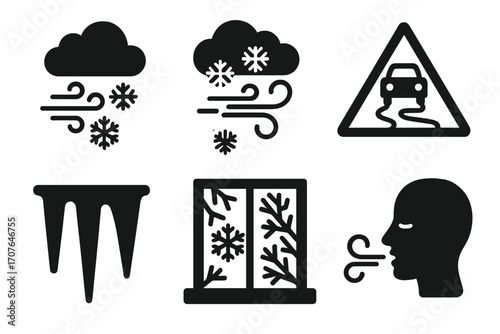 Winter icons: snowflakes, wind, icy roads, icicles, frost on windows and breath