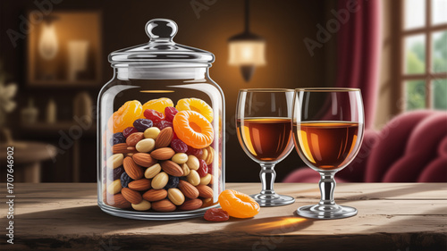 Enjoy dried fruits and nuts with a glass of wine, savor the richness and sweetness of life, a delightful gourmet treat for a relaxing evening, perfect pairing of flavors for a cozy night