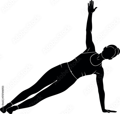Vector art of silhouette of a woman doing a side plank exercise, transparent background