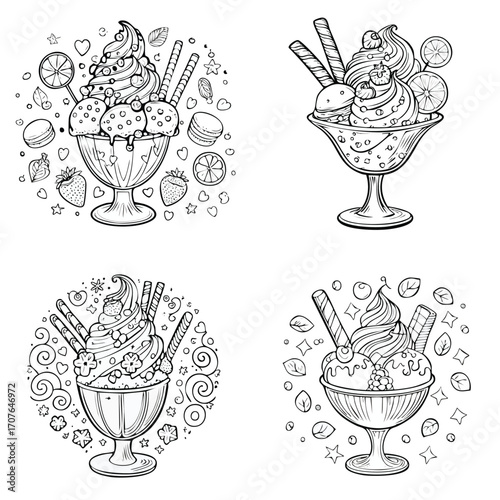 Ice Cream Sundae elegant line art vector mix in a clean minimal style.