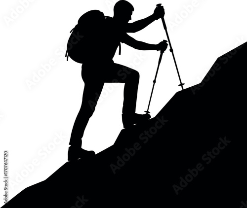 Vector art of silhouette of a hiker climbing a steep mountain with trekking poles, transparent background