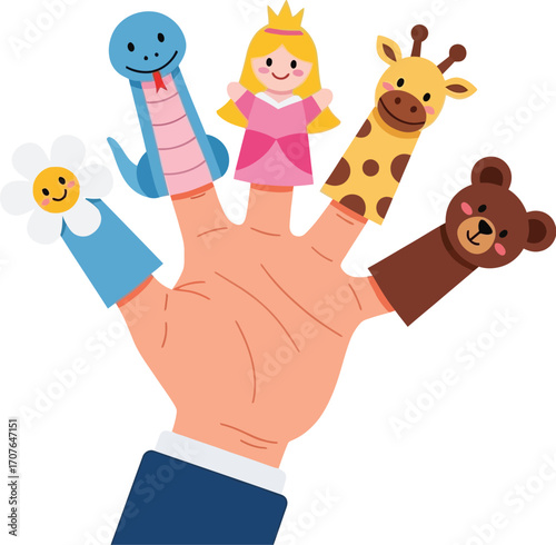 Playful hand wearing colorful finger puppets for storytelling and childhood fun