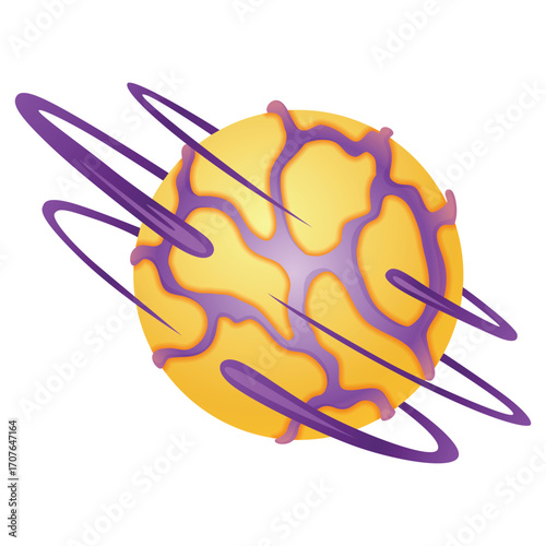 A cartoonstyle illustration of a planet with purple rings