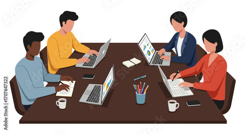 A diverse team of five professionals working collaboratively on their laptops at a shared office desk.