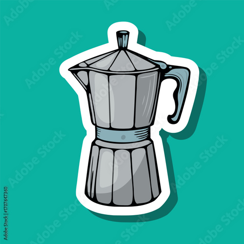 A classic stovetop espresso maker in a silver finish. The coffee pot features a traditional design with a handle and a lid. It stands against a teal background.