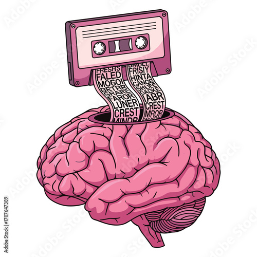 Vector Illustration of Brain with Cassette Tape in Modern Artistic Style Featuring Pink Color Palette and Surreal Composition