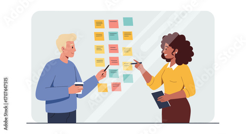 Two diverse colleagues collaborating in an office, using a whiteboard with colorful sticky notes for brainstorming and project planning.
