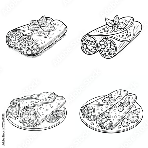 Chicken Enchiladas elegant line art vector mix in a clean minimal style.
