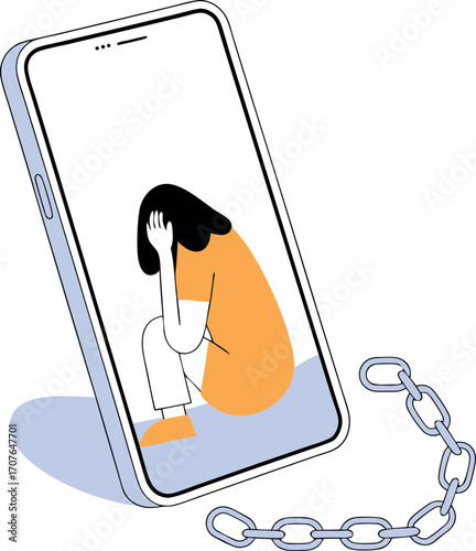 vector illustration of a teenage girl trapped inside a large smartphone screen