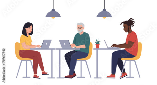 Three diverse individuals, a young woman, a senior man, and a young man, working on laptops at separate tables in a modern workspace.