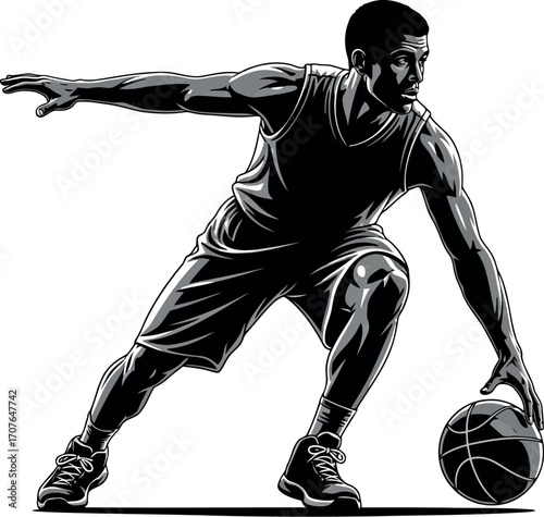 Vector art of silhouette of a basketball player dribbling a ball, transparent background