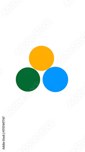 Minimalist vector logo of three connected colorful circles in green, blue, and yellow with cute rounded shapes, simple flat design on white background, clear and playful style