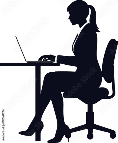 Vector art of silhouette of a businesswoman typing on a laptop at a desk, transparent background