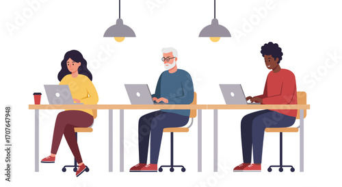 A diverse group of people, young and old, working together on laptops at a long desk in a modern office.