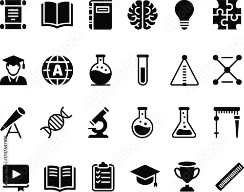 Education and Science Icons Set – Vector Silhouette Collection for Learning, Research, and Knowledge