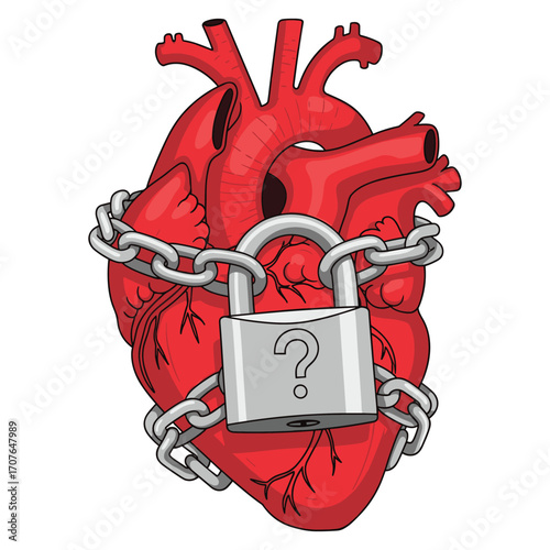 Vector Illustration of Anatomical Heart with Chain and Padlock in Modern Minimalist Style in Red Colors