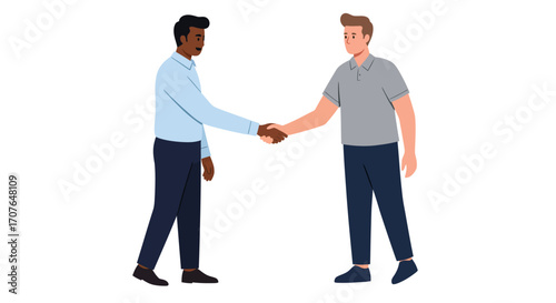 Two diverse businessmen, a Black man and a white man, shaking hands to symbolize a partnership, deal, or agreement.