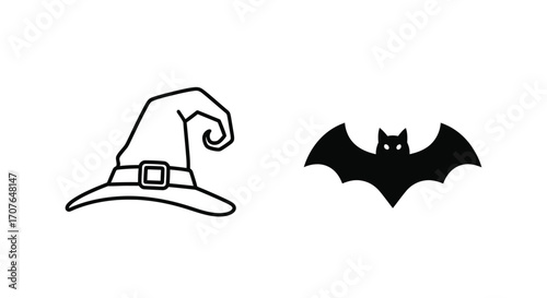 Witch Hat and Bat Icon Illustration