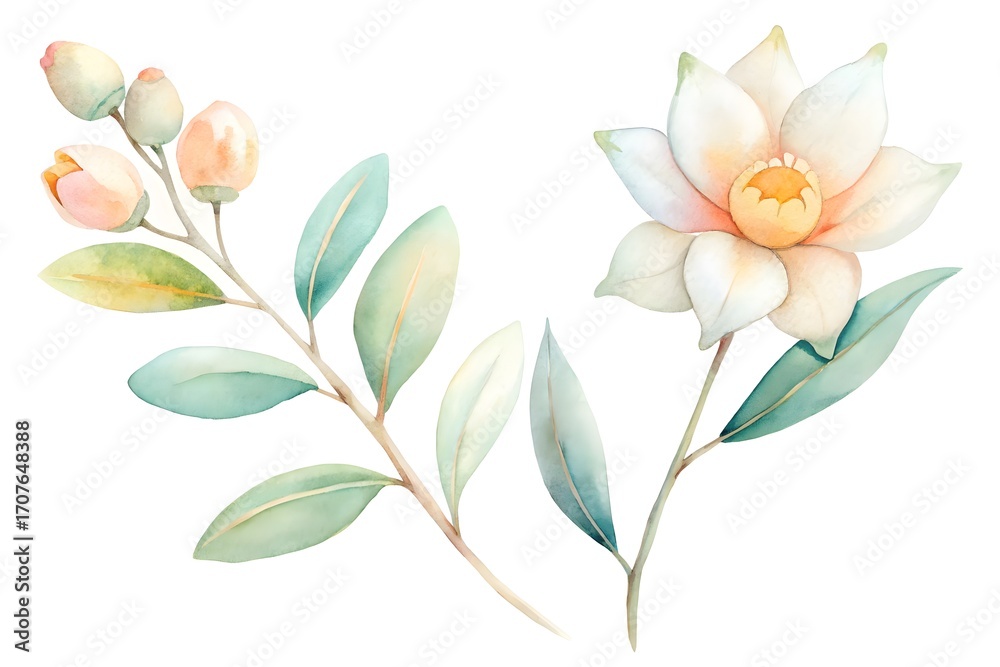 Obraz premium White Lotus Flower and Green Leafy Branch delicate botanical
