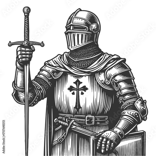 medieval knight in full plate armor with flowing plume, holding a large sword, symbolizing honor and strength sketch engraving generative ai vector illustration. Scratch board. Black and white image.