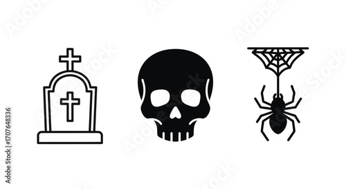 Haunted House, Witch Broom, Black Cat, and Cauldron Icon Illustration